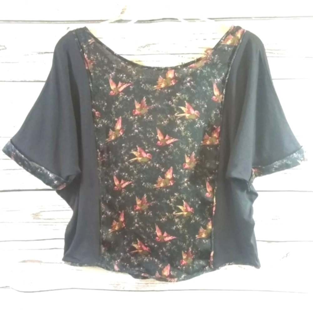 Anthropologie Black Panel Blouse with Floral Accent